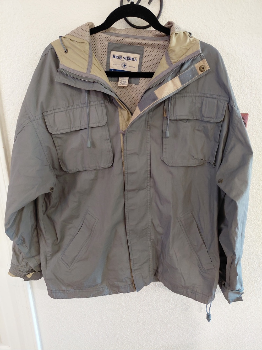 High Sierra Men's Hooded Windbreaker Jacket - Light Gray with Cream Trim